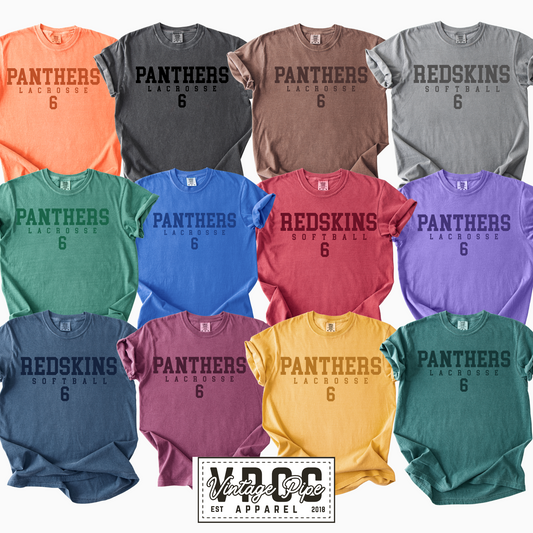 CUSTOM "VARSITY" ARCHED TONE ON TONE TANKS, TEES AND SWEATSHIRTS