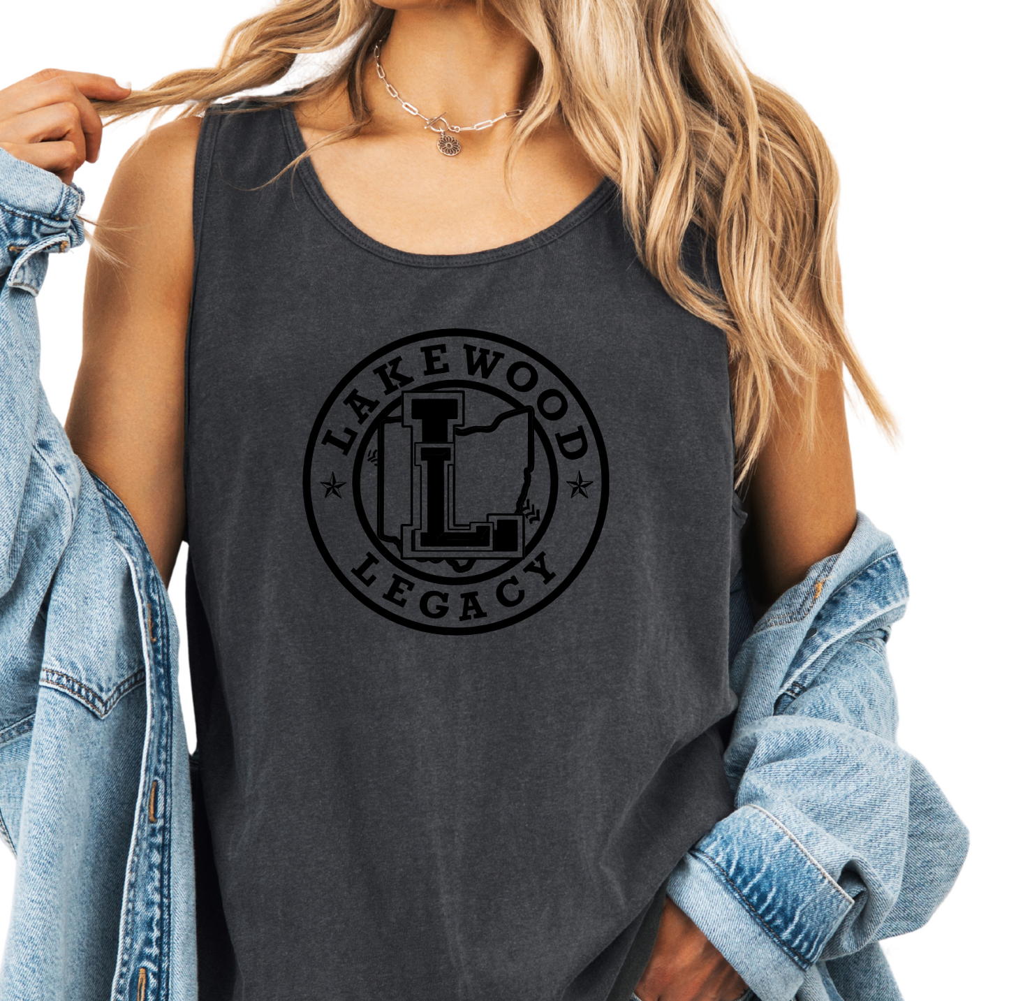 9360-LAKEWOOD LEGACY- PEPPER Comfort Colors ® brand Unisex Tank- LOGO CIRCLE- BLACK (THESE TEND RUN APPROX 1 SIZE BIG)