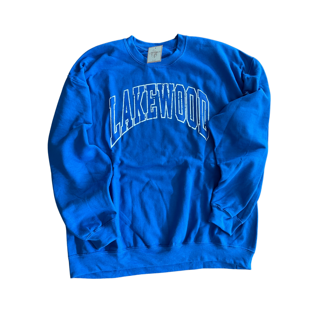 ADULT SMALL- LAKEWOOD VARSITY HEATHER BLUE CREW SWEATSHIRT- RTS