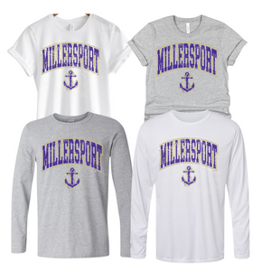 64000- MILLERSPORT LAKERS- UNISEX TEE YOUTH & ADULT- THROWBACK-NO BASEBALL