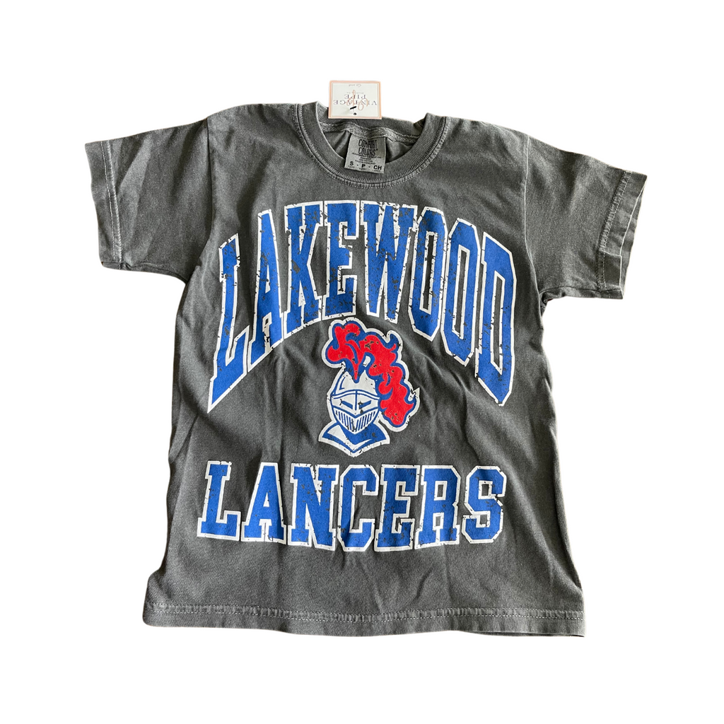 YOUTH SMALL-LAKEWOOD LANCERS THROWBACK- Pepper Comfort Color Tee- RTS
