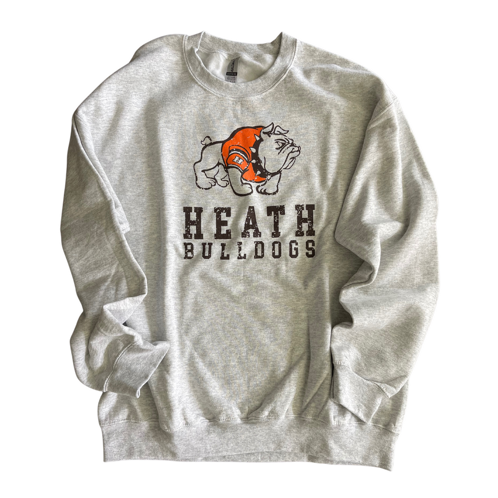 ADULT LARGE- HEATH BULLDOGS DISTRESSED MASCOT- CREW SWEATSHIRT- RTS