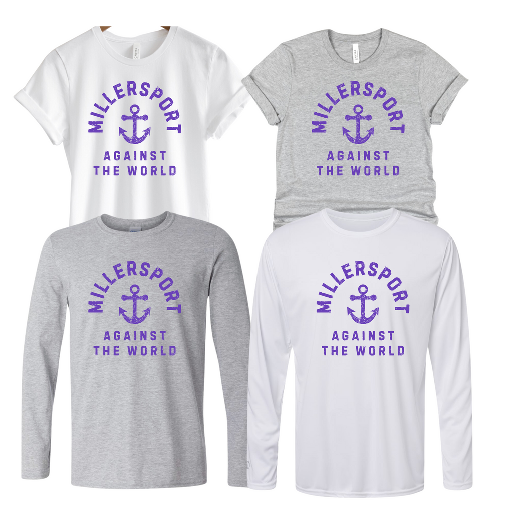 64000- MILLERSPORT LAKERS- UNISEX TEE YOUTH & ADULT- LAKERS AGAINST THE WORLD