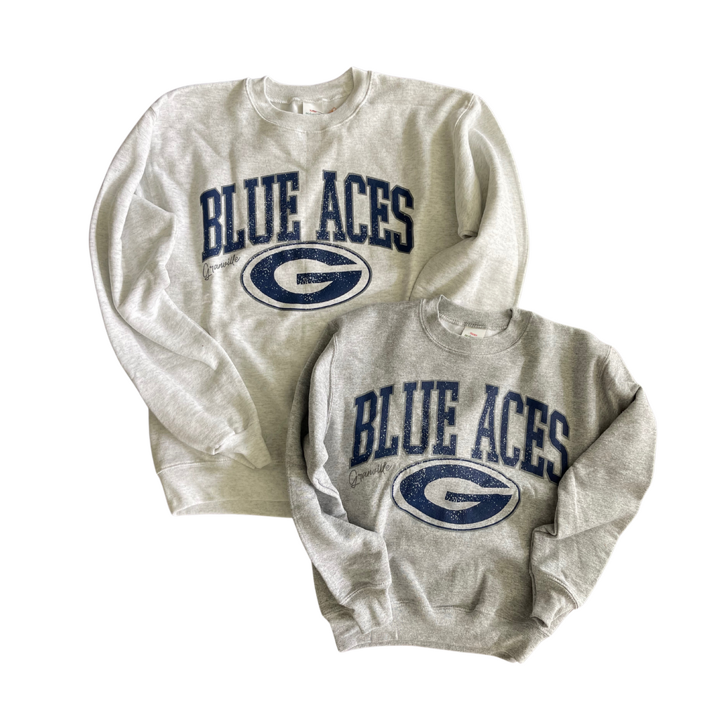 ADULT SMALL- GRANVILLE BLUE ACES 90'S- ASH CREW SWEATSHIRT- RTS