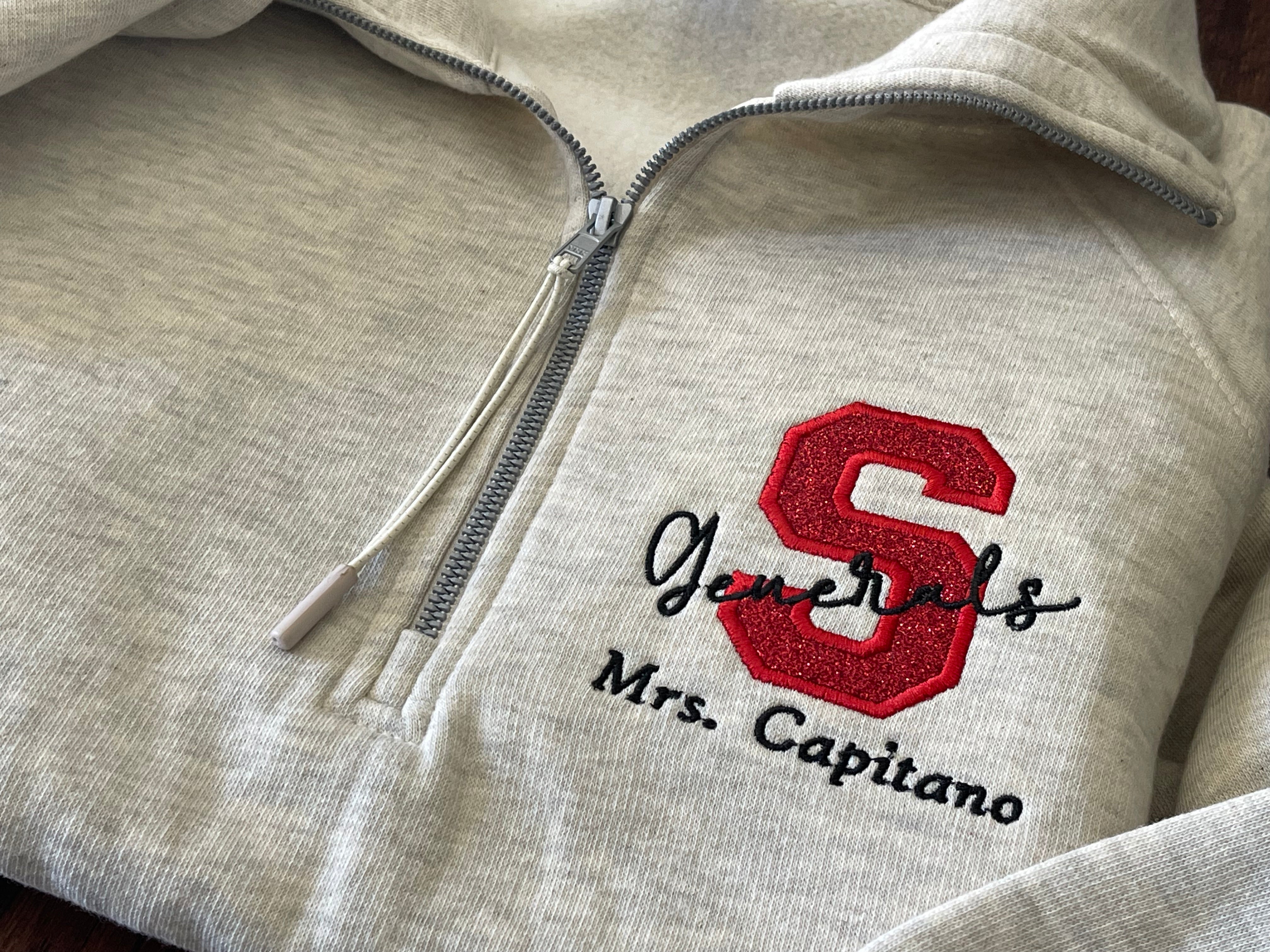 LADIES/YOUTH STYLE- FIT TRUE TO SIZE WITH ROOM- Varsity Letter Custom Glitter Embroidered 1/4 Zips- LADIES & YOUTH