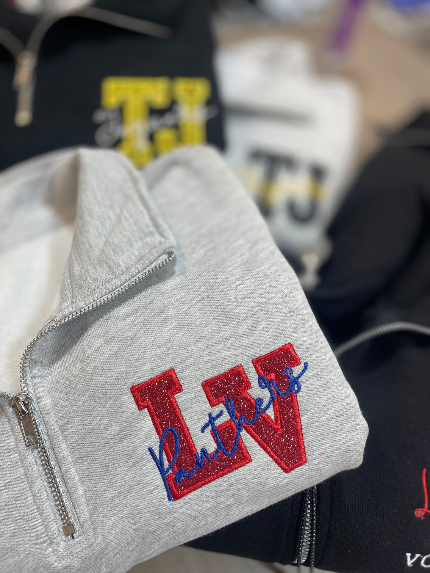 Varsity Letter Custom Glitter Embroidered 1/4 Zips- LADIES & YOUTH