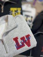 LADIES/YOUTH STYLE- FIT TRUE TO SIZE WITH ROOM- Varsity Letter Custom Glitter Embroidered 1/4 Zips- LADIES & YOUTH