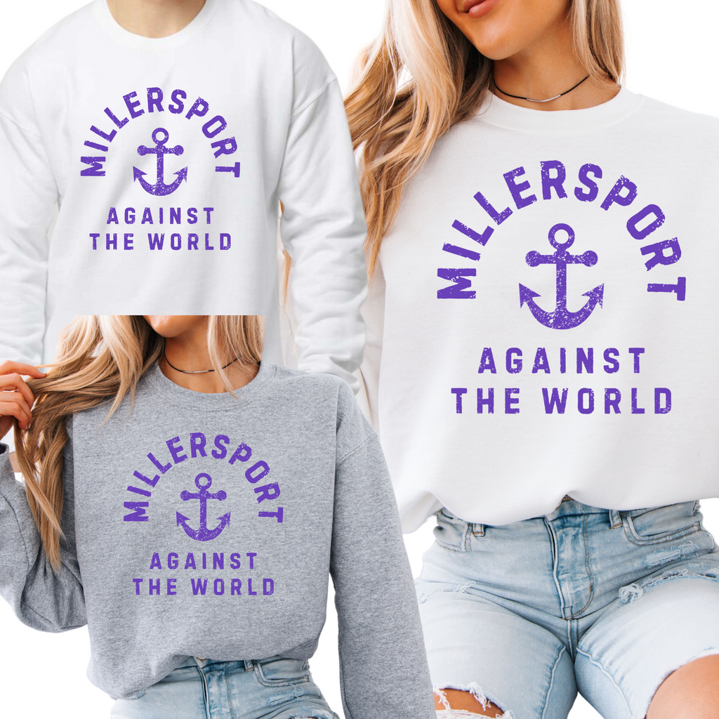 18000-MILLERSPORT LAKERS - UNISEX CREW SWEATSHIRT YOUTH & ADULT- LAKERS AGAINST THE WORLD