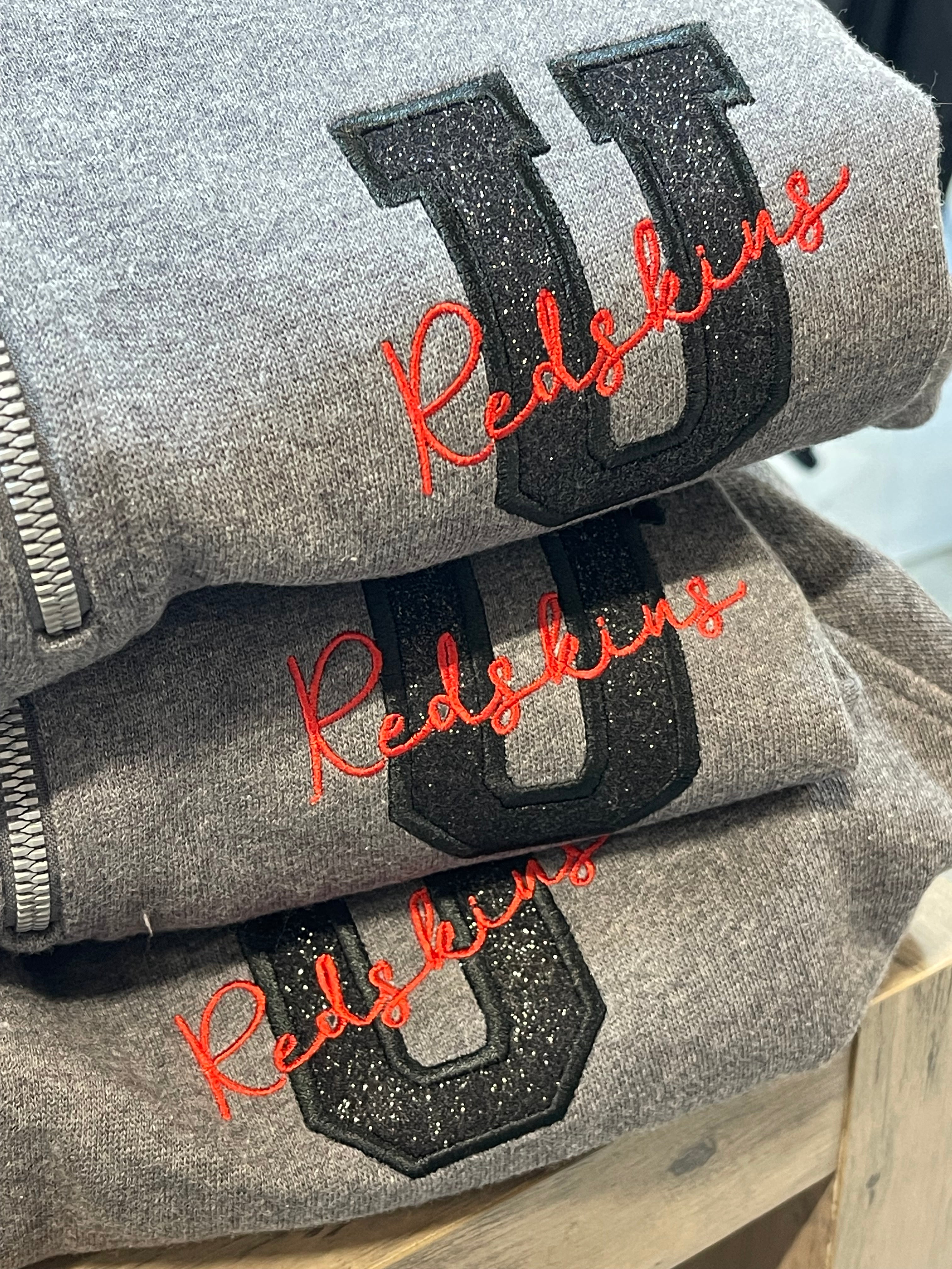 LADIES/YOUTH STYLE- FIT TRUE TO SIZE WITH ROOM- Varsity Letter Custom Glitter Embroidered 1/4 Zips- LADIES & YOUTH