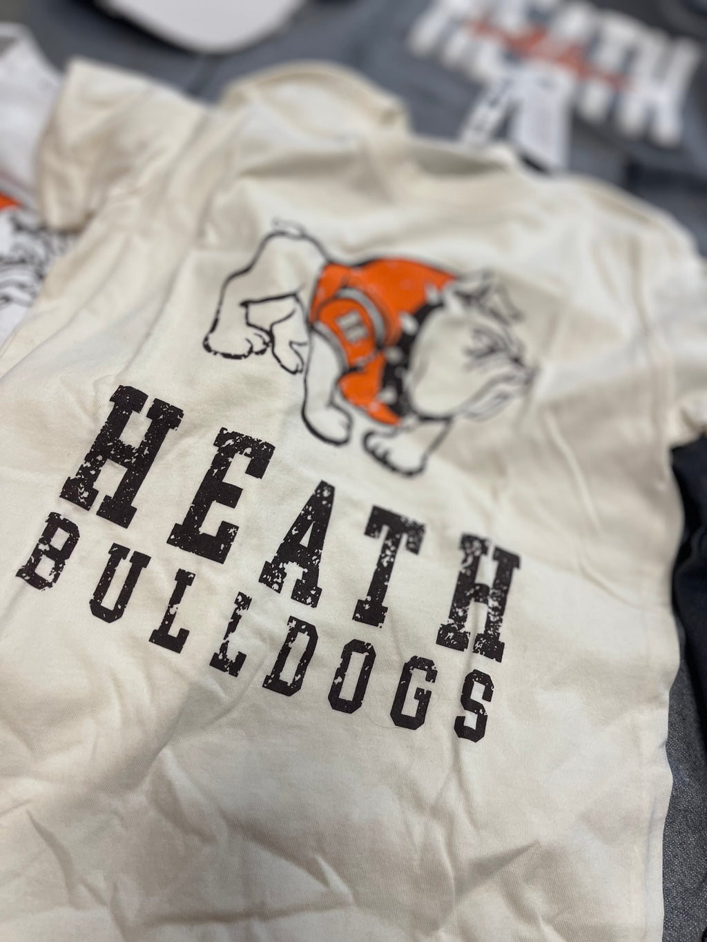 YOUTH- Heath Bulldogs Distressed Mascot Ivory Tees- (YS short sleeve-1, YS long sleeve- 1): RTS
