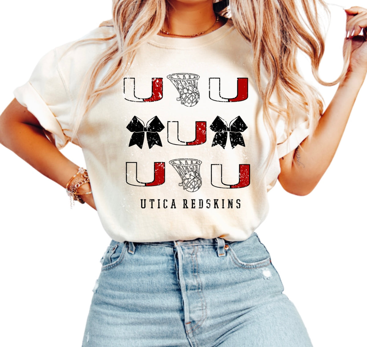 ****DTG* Ivory Utica Redskins Cheer & Basketball Coquette Comfort Color Short Sleeve and Long Sleeve Tees- (DTG)