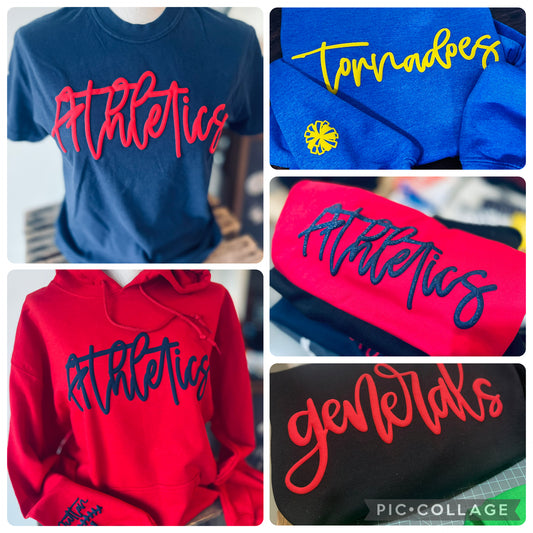 SINGLE SCRIPT PUFF TEES, CREWS AND HOODIES (YOUTH & ADULT)