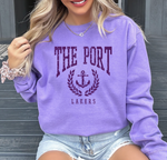 Comfort Color Distressed Millersport Lakers "The Port" Crew Sweatshirts- Violet