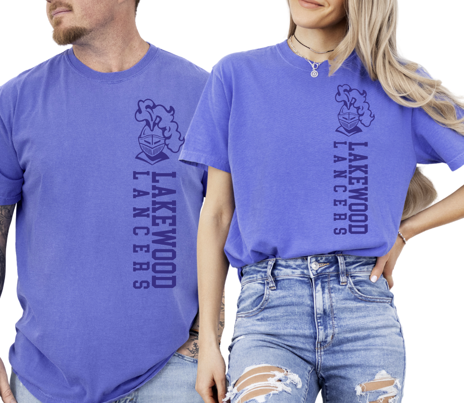 #Lakewood Lancers Side Print Flo Blue Comfort Colors ® Short Sleeve and Long Sleeve Tees- DTG