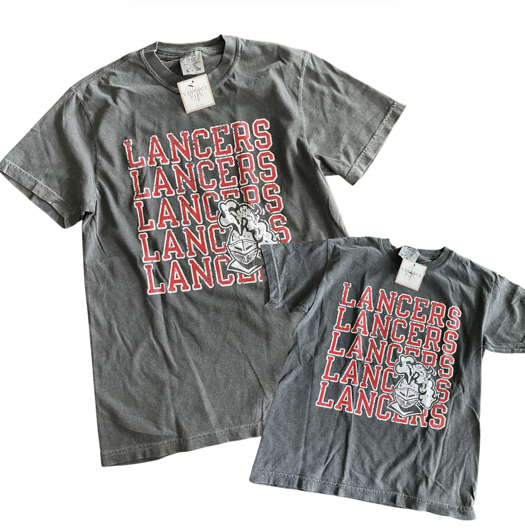YOUTH MEDIUM- Lancers Stacked- Pepper Comfort Color Tee- RTS