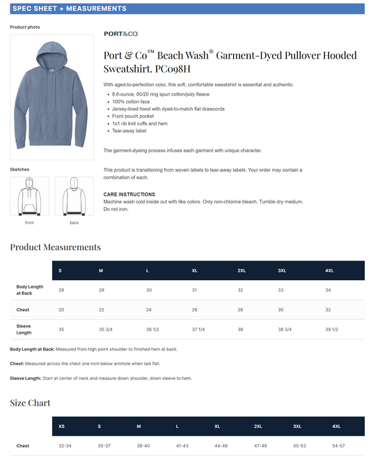 PC098H- BLUE ACES- Port & Company® Beach Wash® Garment-Dyed Hooded Sweatshirt